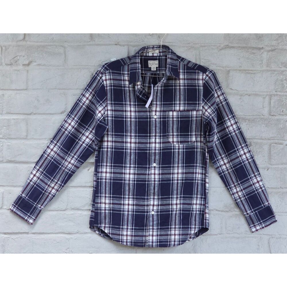 J.CREW Plaid Flannel Long Sleeve Button Down Shirt Navy Burgundy Size XS